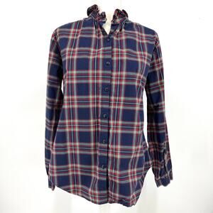 Hope & Henry Women's 10 Blue Red Plaid Tartan Long Sleeve Ruffle Neck Blouse